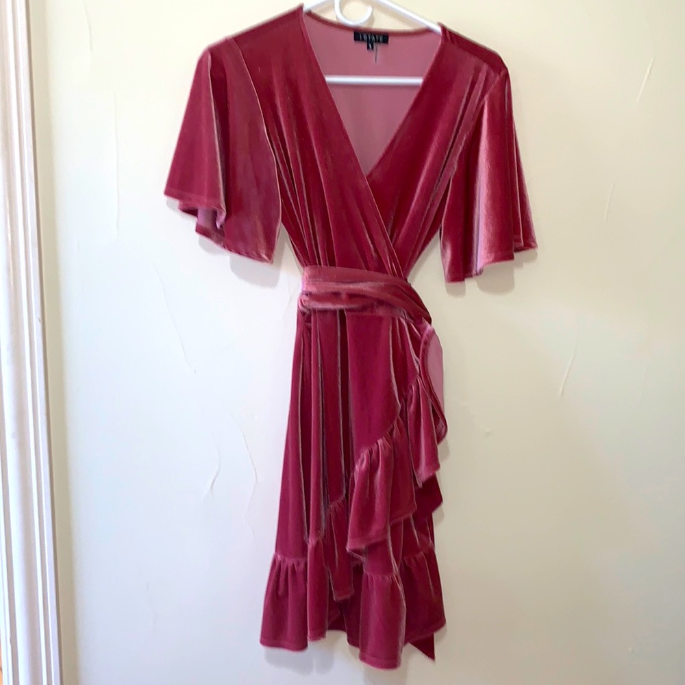 Pink Velvet Ruffle Flutter Wrap Dress - Picture 6 of 6